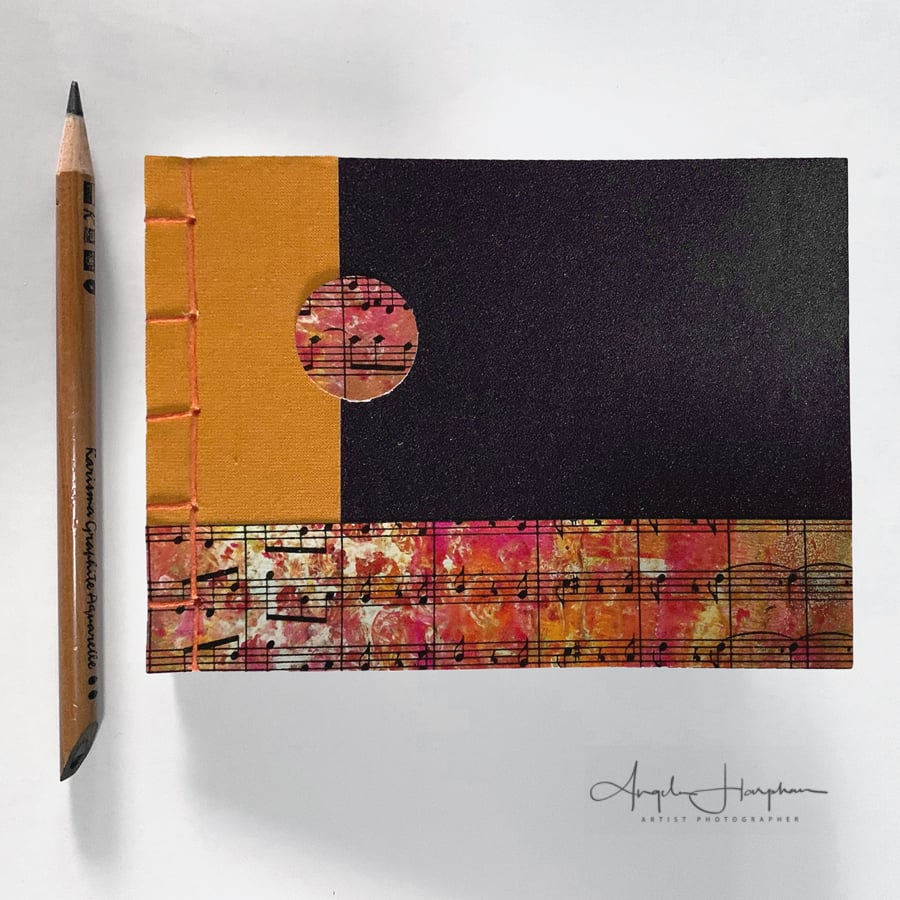 Handmade Pocket Journal Sketch Book A6 Orange Brown with Sheet Music Detail