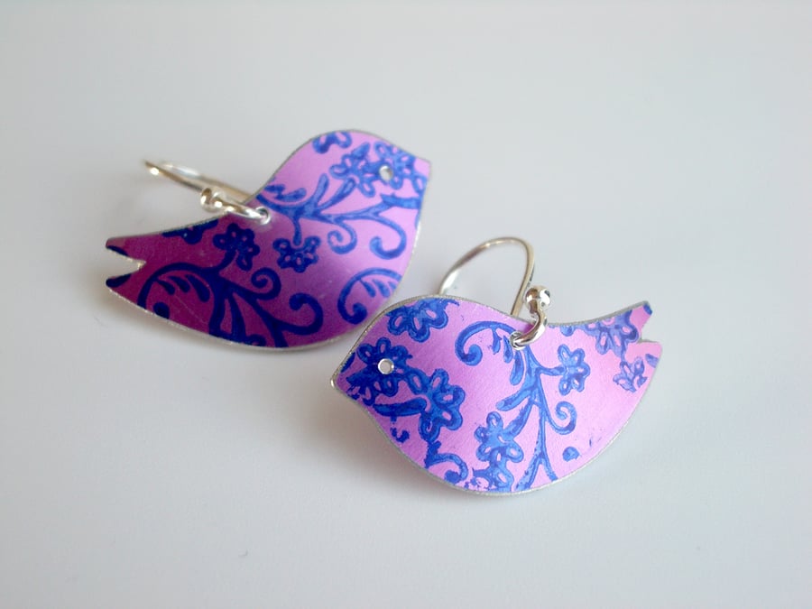 Bird earrings in purple with blue flower print