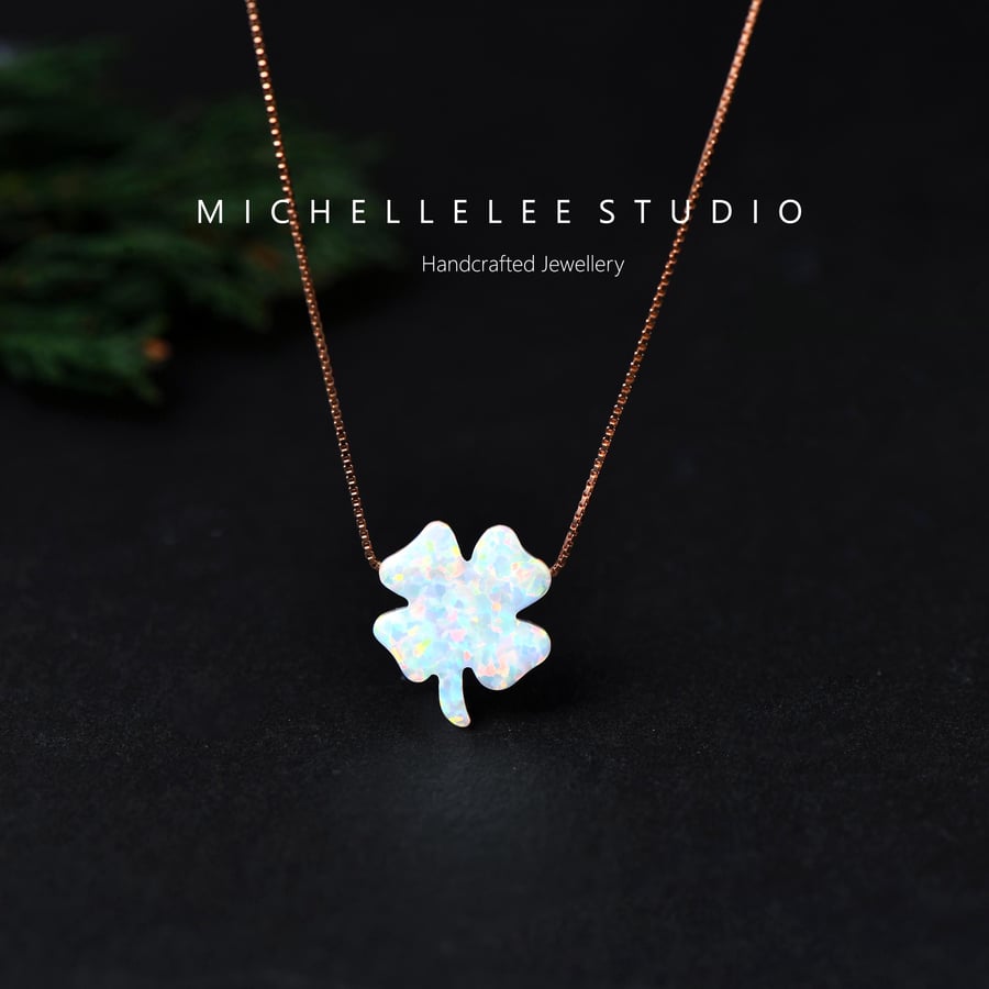 White Opal Clover Necklace With 925 Sterling Silver Chain