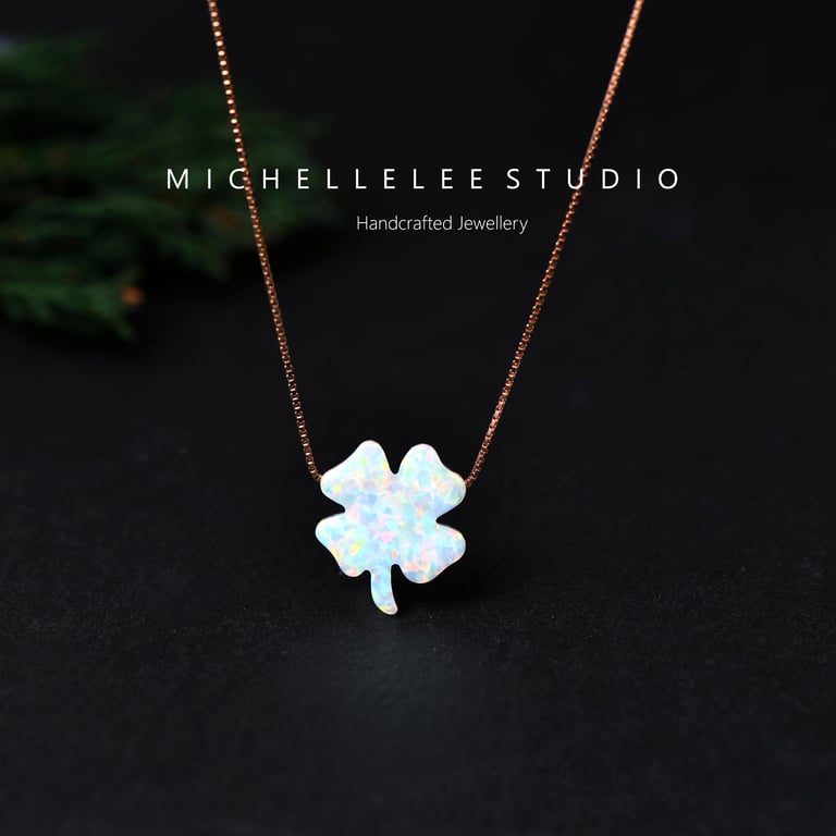 White Opal Clover Necklace With 925 Sterling Silver Chain
