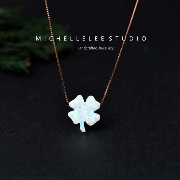 White Opal Clover Necklace With 925 Sterling Silver Chain