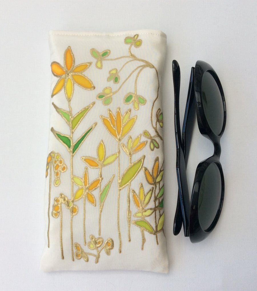 Hand painted original design on silk, glasses case, sunglasses case