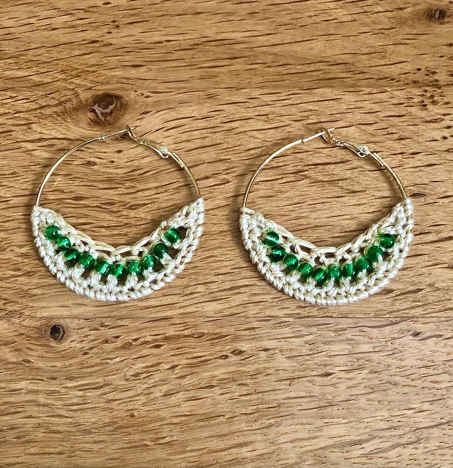 Hello May....silver plated hoop earrings with crochet and emerald design.