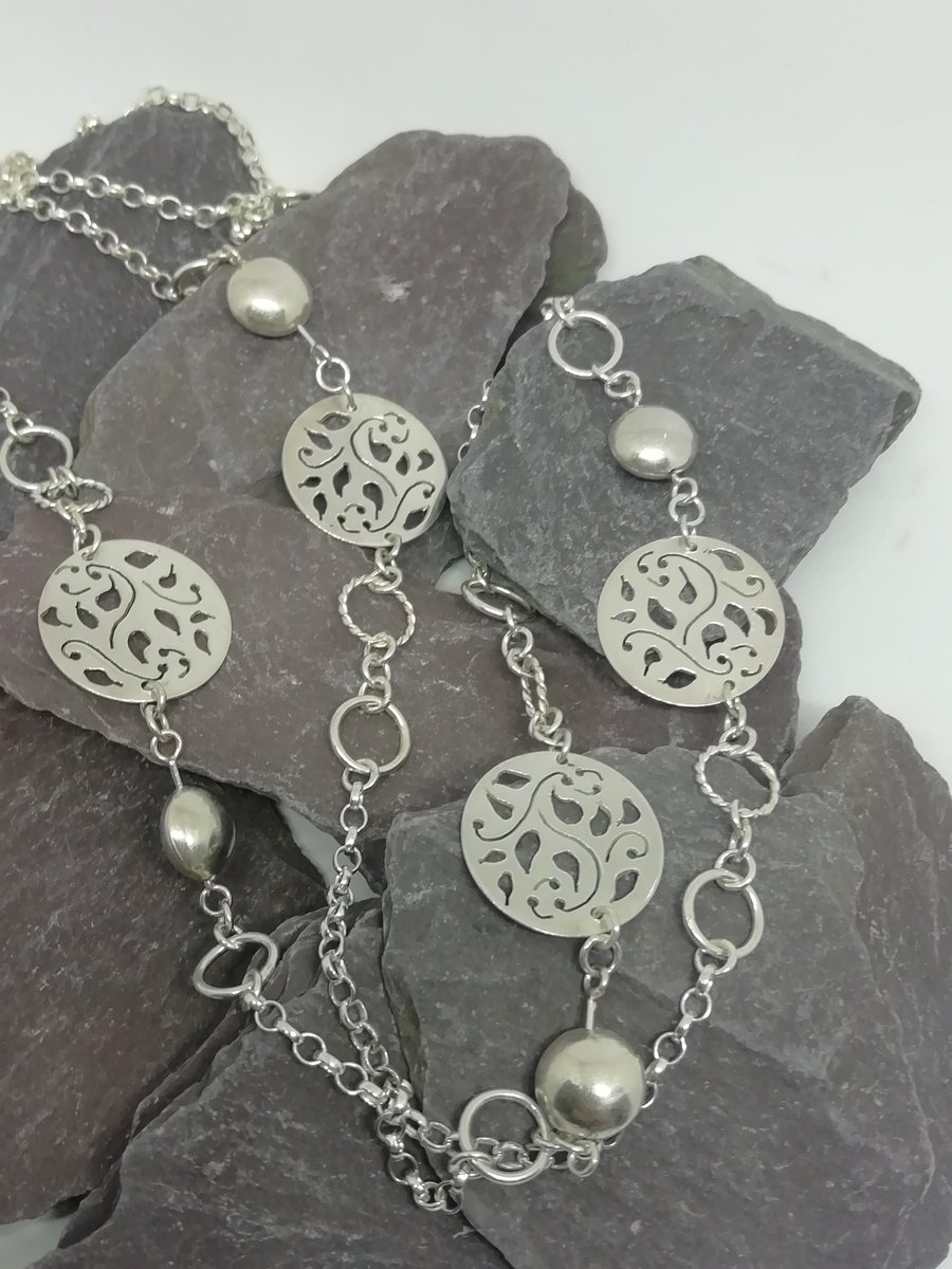 Long Silver necklace with Filigree Design