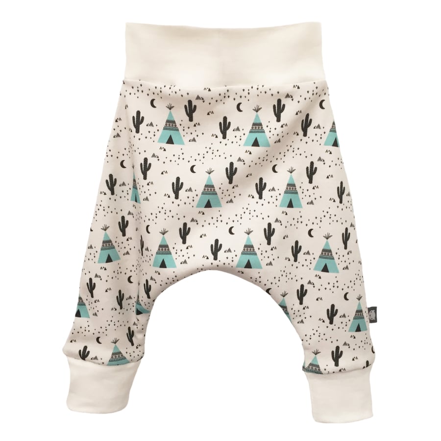 baby trousers, Organic harem pants in teepees & cactus print, harem trousers