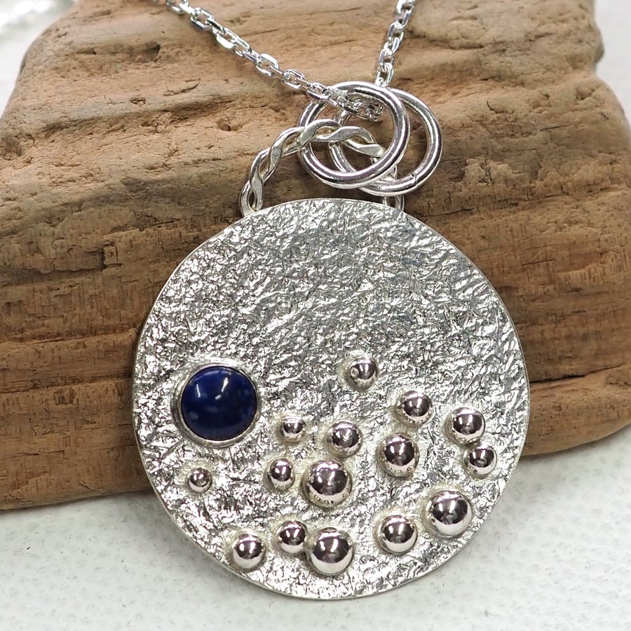 recycled silver pendant necklace, lapis lazuli, hammered silver, hallmark, ARC