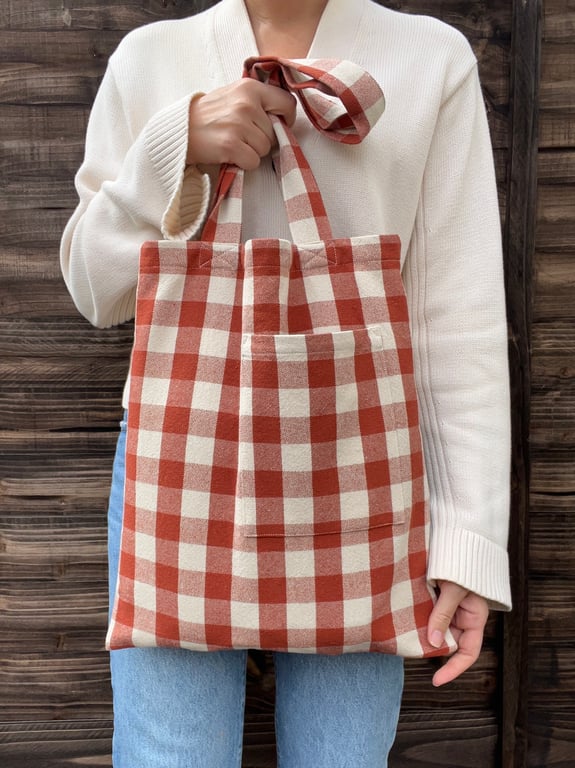 Orange Brown Gingham Cotton Tote Bag