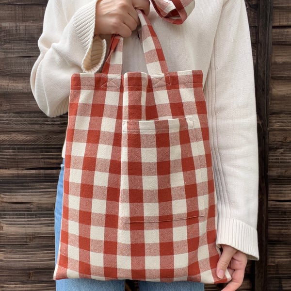 Orange Brown Gingham Cotton Tote Bag