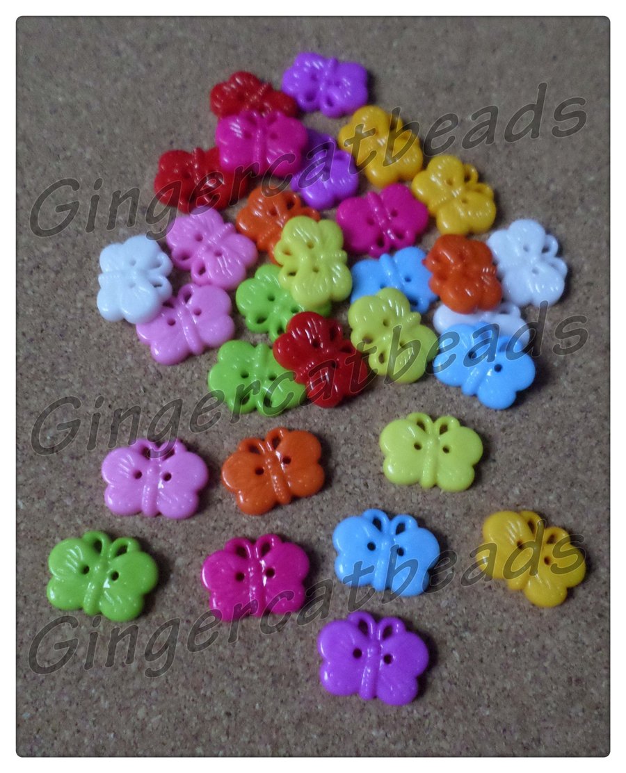 30 x 2-Hole Acrylic Buttons - Butterfly - 18mm - Mixed Colour 