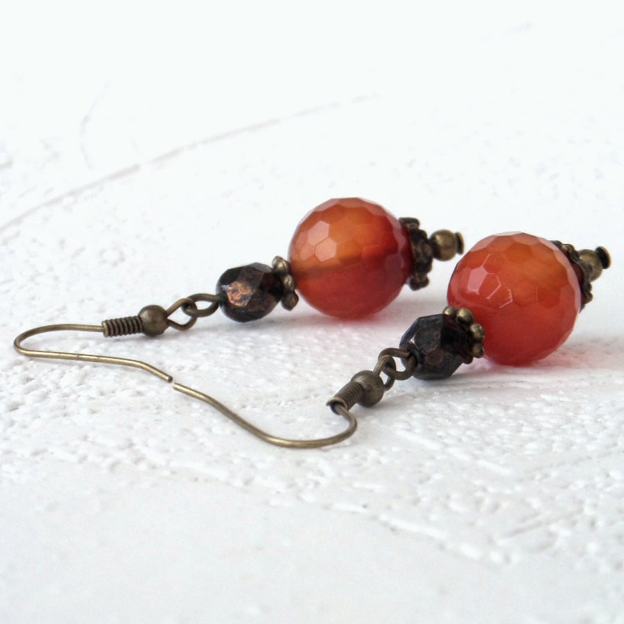 Carnelian bronze earrings, with burnt orange carnelians and rich brown crystal