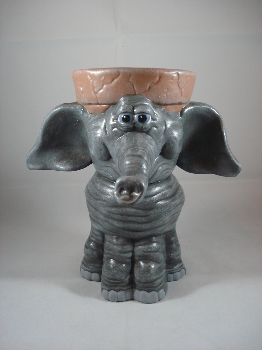 Ceramic Grey Novelty Elephant Animal Flower Herb Plant Pot Candle Container.