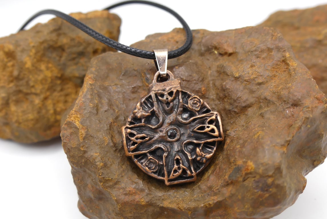 Copper Celtic Cross Triquetra Flowers Butterfly Pendant Black Spinel Necklace.