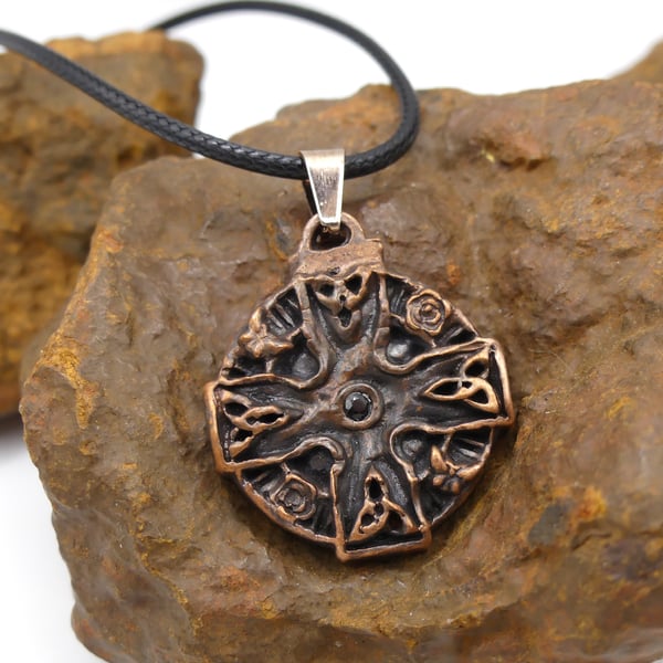 Copper Celtic Cross Triquetra Flowers Butterfly Pendant Black Spinel Necklace.