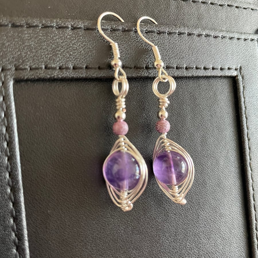 Natural Amethyst Gemstone Earrings in Silver Plated Copper