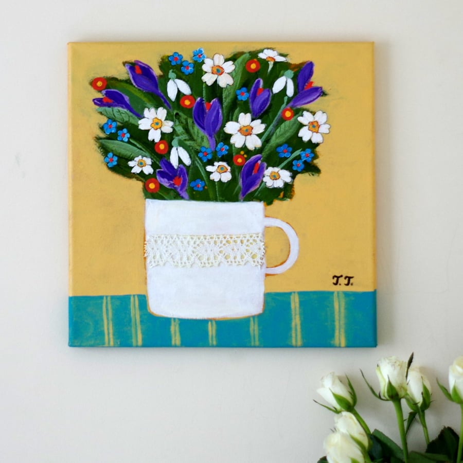 Spring Flowers Painting, Snowdrops and Crocus Artwork, Primerose Painting  