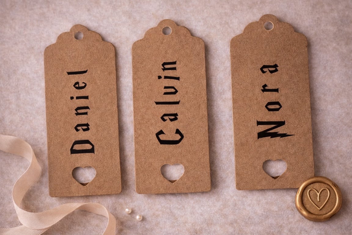Personalised Kraft Wedding Place Name Tags with Heart Cut-Out – Custom Names