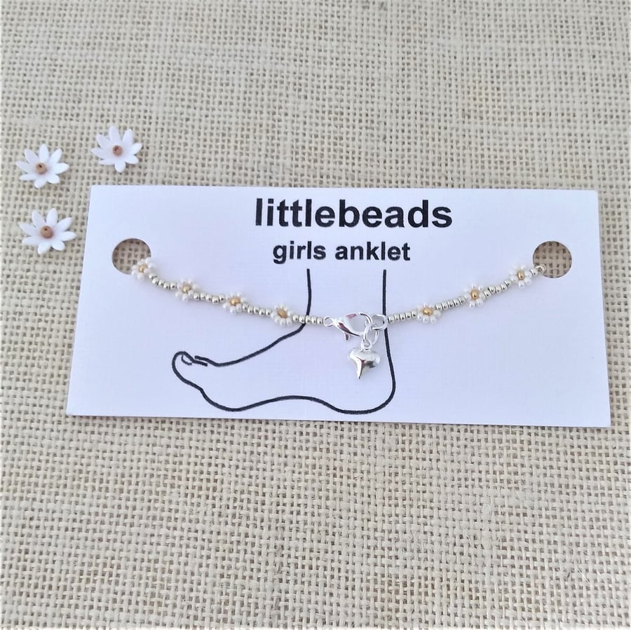 Pearl, Gold and Silver Daisy Beaded Anklet