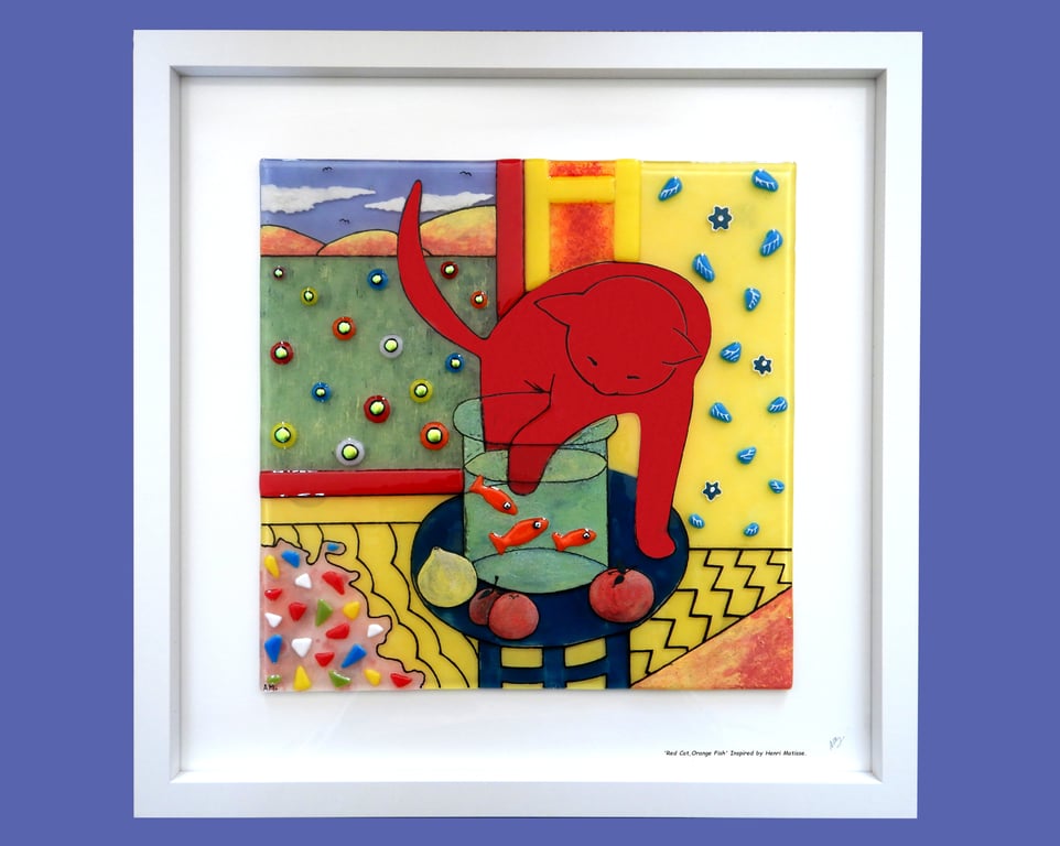 Handmade Fused Glass "Cat With Orange Fish" Painting.