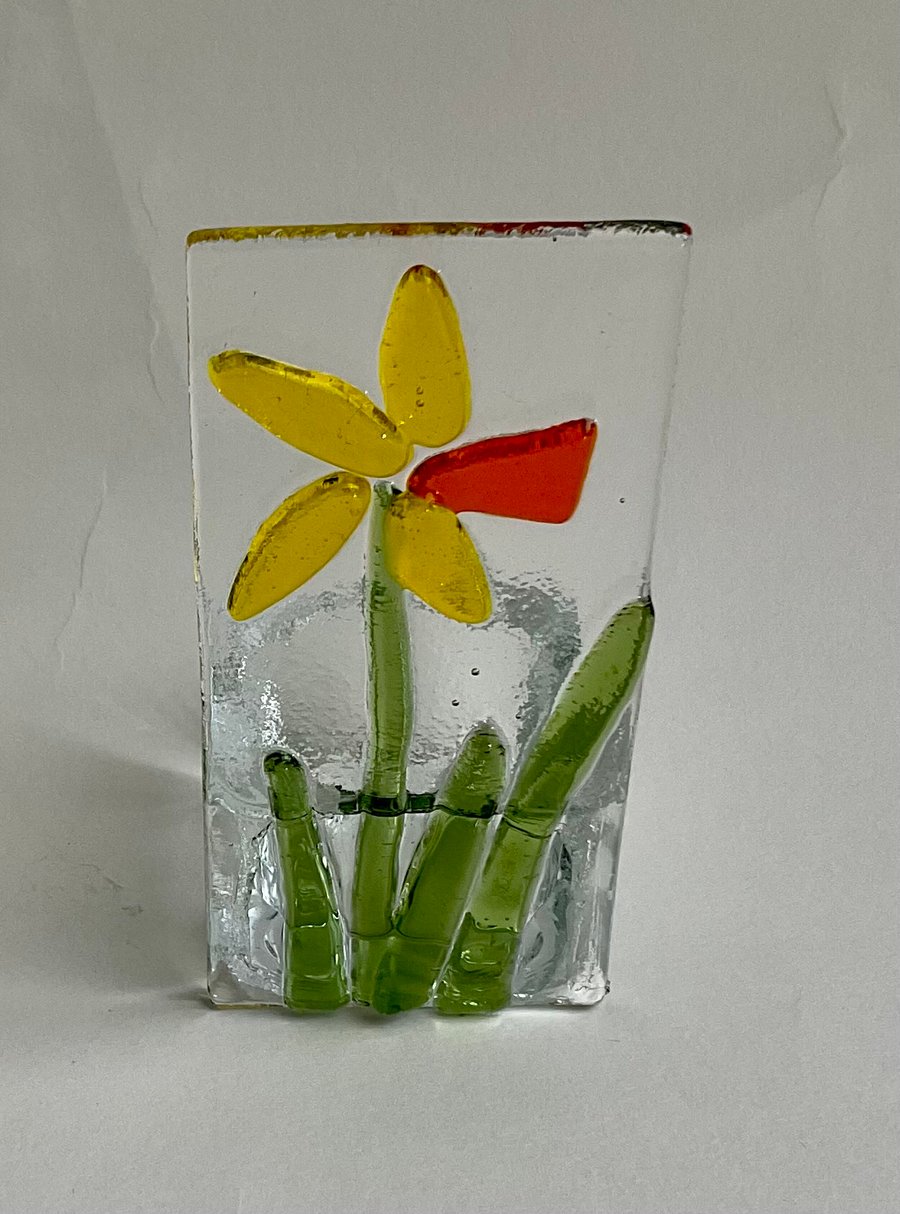 Fused glass handmade daffodil candle holder