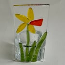 Fused glass handmade daffodil candle holder