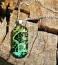 Gold Green Lace Pattern Dichroic Glass Pendant:  Fused Glass Necklace F4 - Image 4