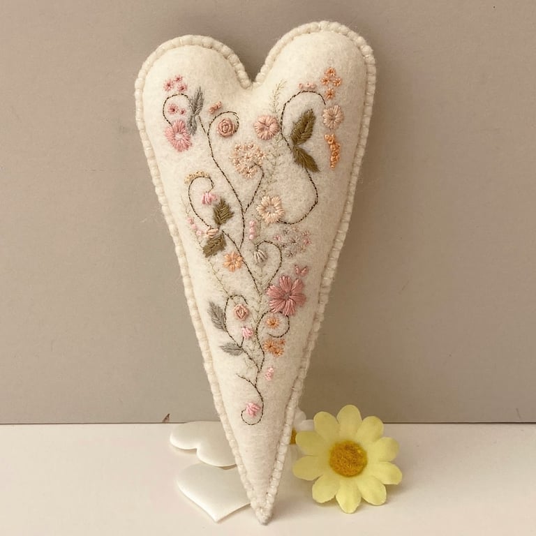 Hand embroidered heart, wall decor hanging heart in scandi style