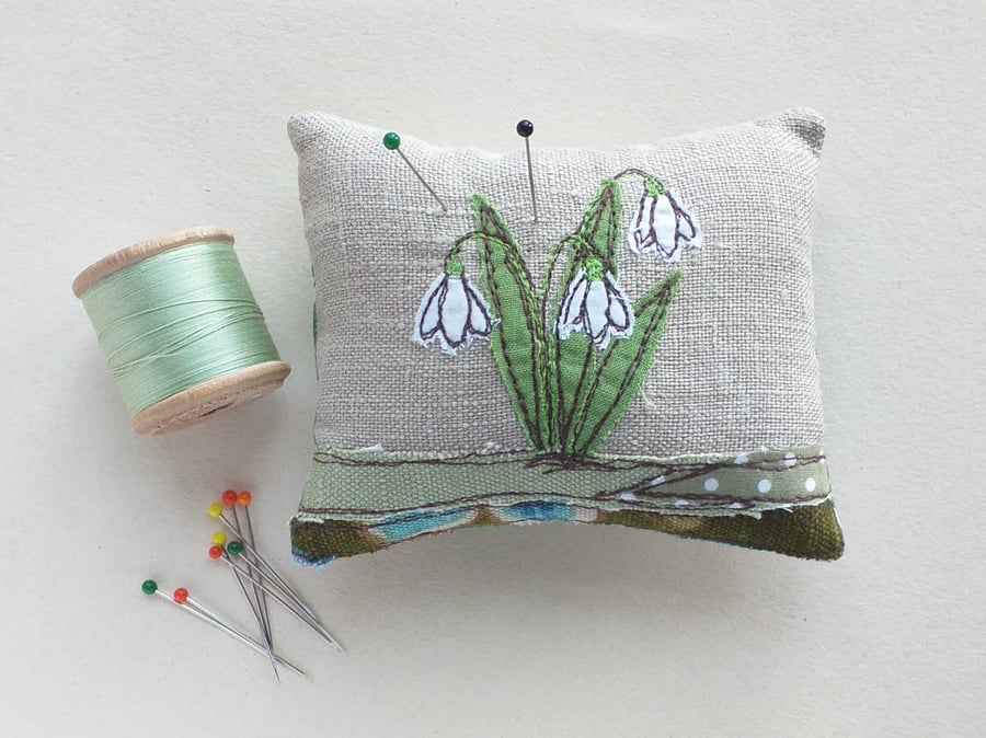 Pin Cushion with Embroidered Snowdrops