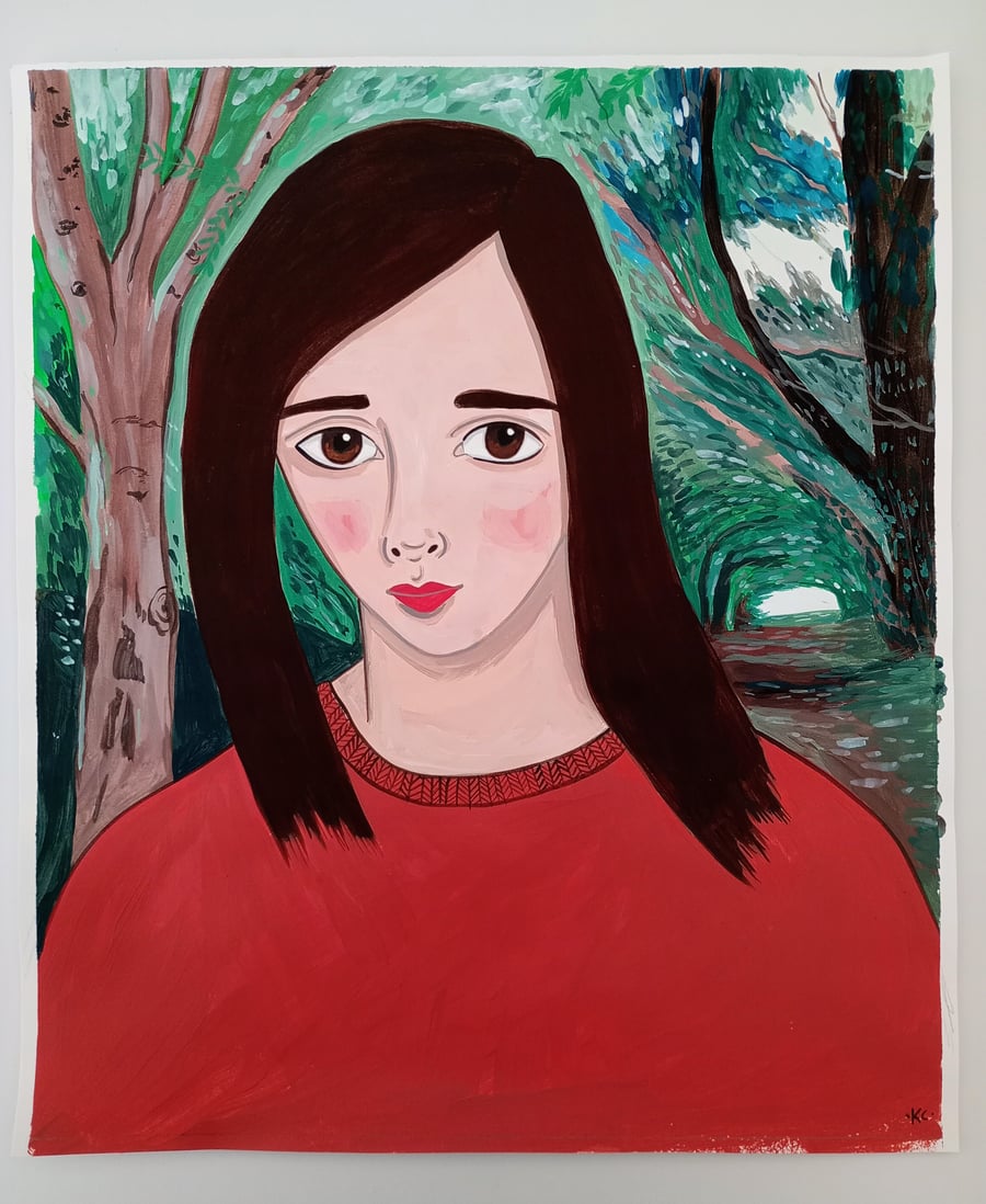 Red Portrait in a Landscape - Original Acrylic Painting on Paper