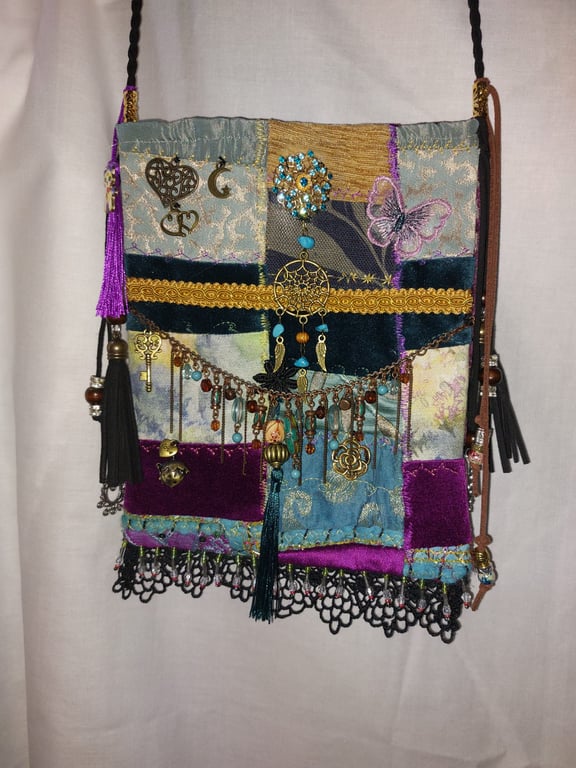 Handcrafted embellished purple  teal velvet Bohemian Gypsy Hippie Festival Bag