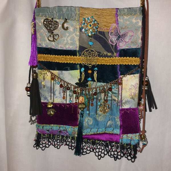 Handcrafted embellished purple  teal velvet Bohemian Gypsy Hippie Festival Bag