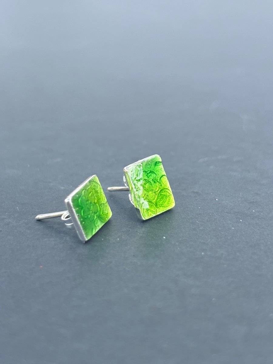 Green Enamel Studs, enamel earrings, green studs, rectangle studs, enamel, green