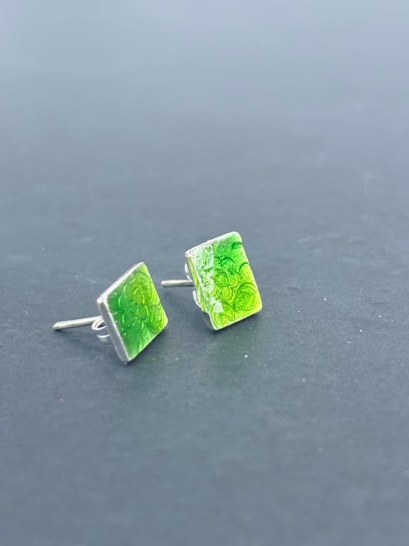Green Enamel Studs, enamel earrings, green studs, rectangle studs, enamel, green