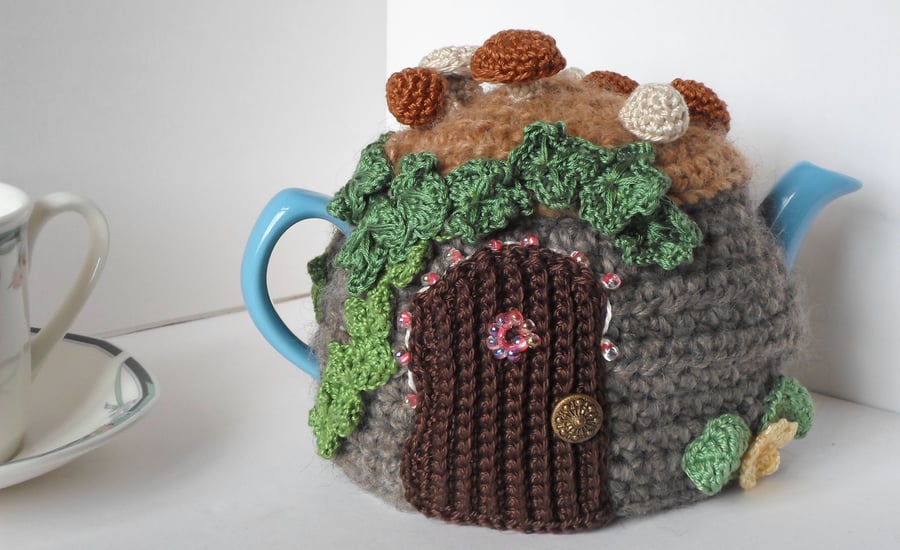 Crochet fairy door tea cosy