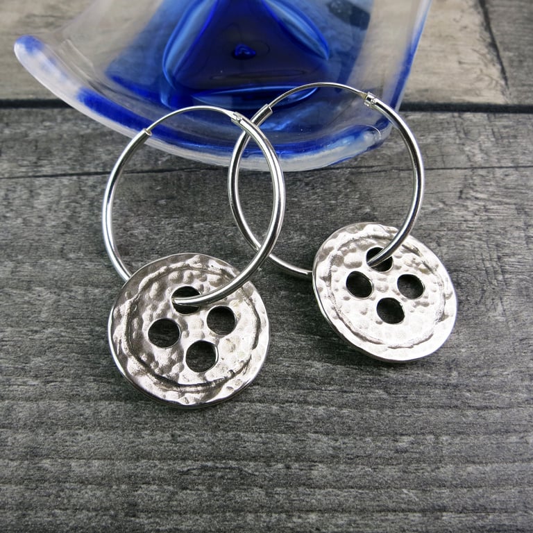Hoop Earrings with Hammered Silver Buttons - 30mm
