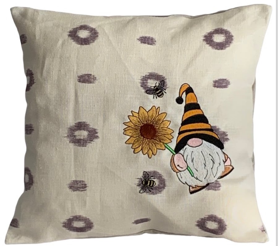 Sunflower Bee Gnome Gonk Embroidered Cushion Cover 14”x14” Last One