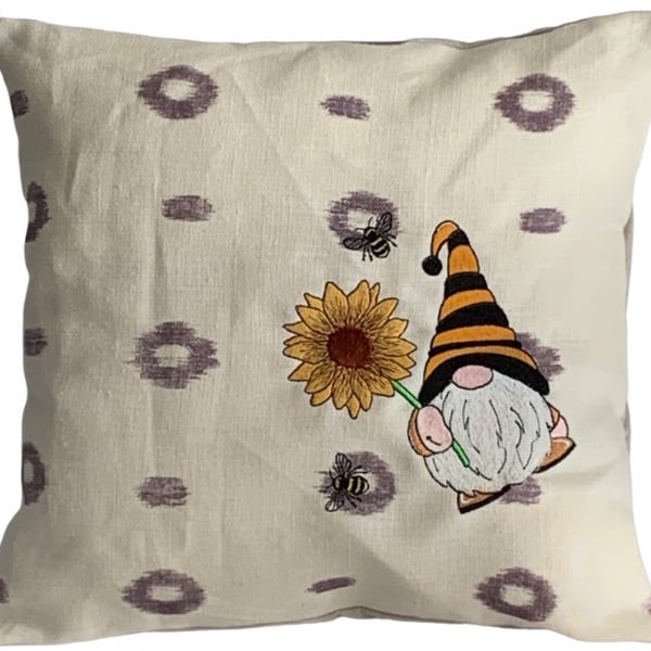 Sunflower Bee Gnome Gonk Embroidered Cushion Cover 14”x14” Last One