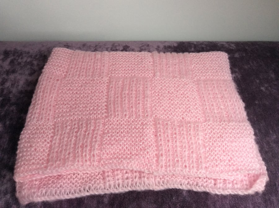  Baby Blanket Hand Knitted in Pale Pink Patchwork Pattern 