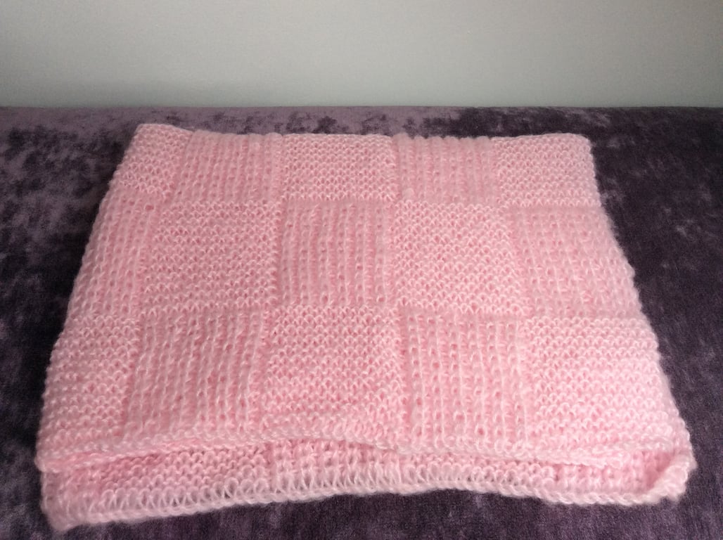  Baby Blanket Hand Knitted in Pale Pink Patchwork Pattern 