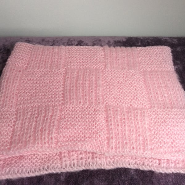  Baby Blanket Hand Knitted in Pale Pink Patchwork Pattern 