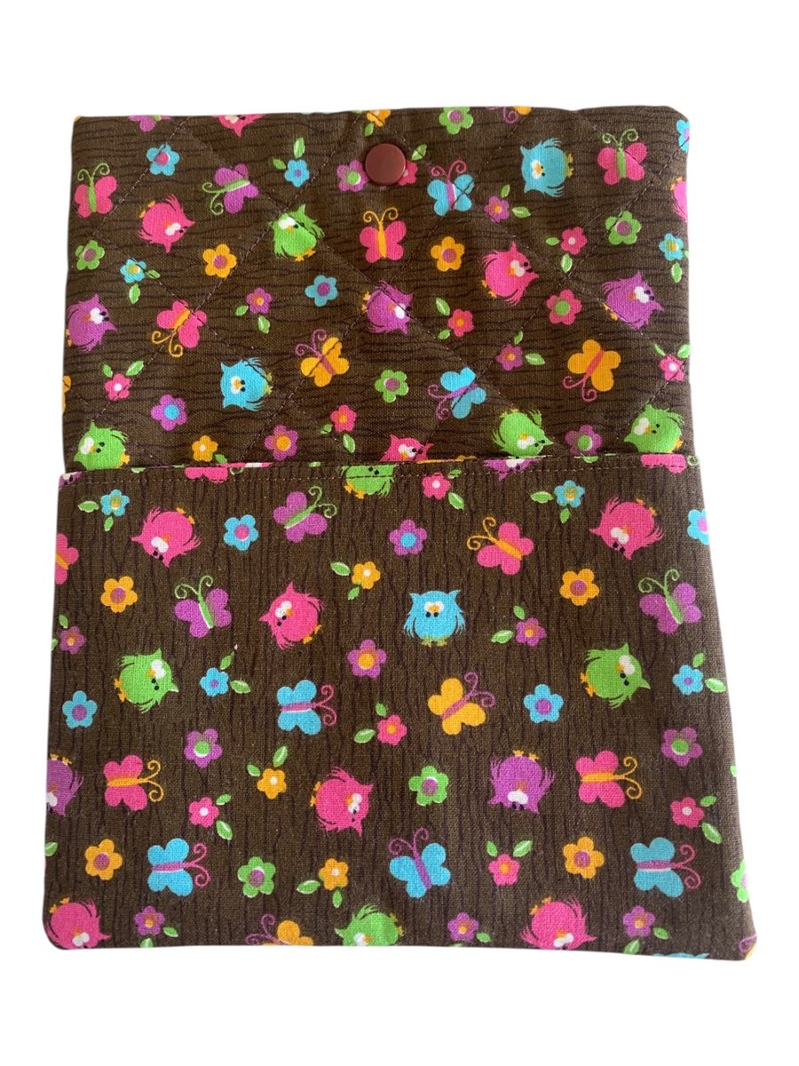 Quilted Book Sleeve.  Owls and Butterflies.