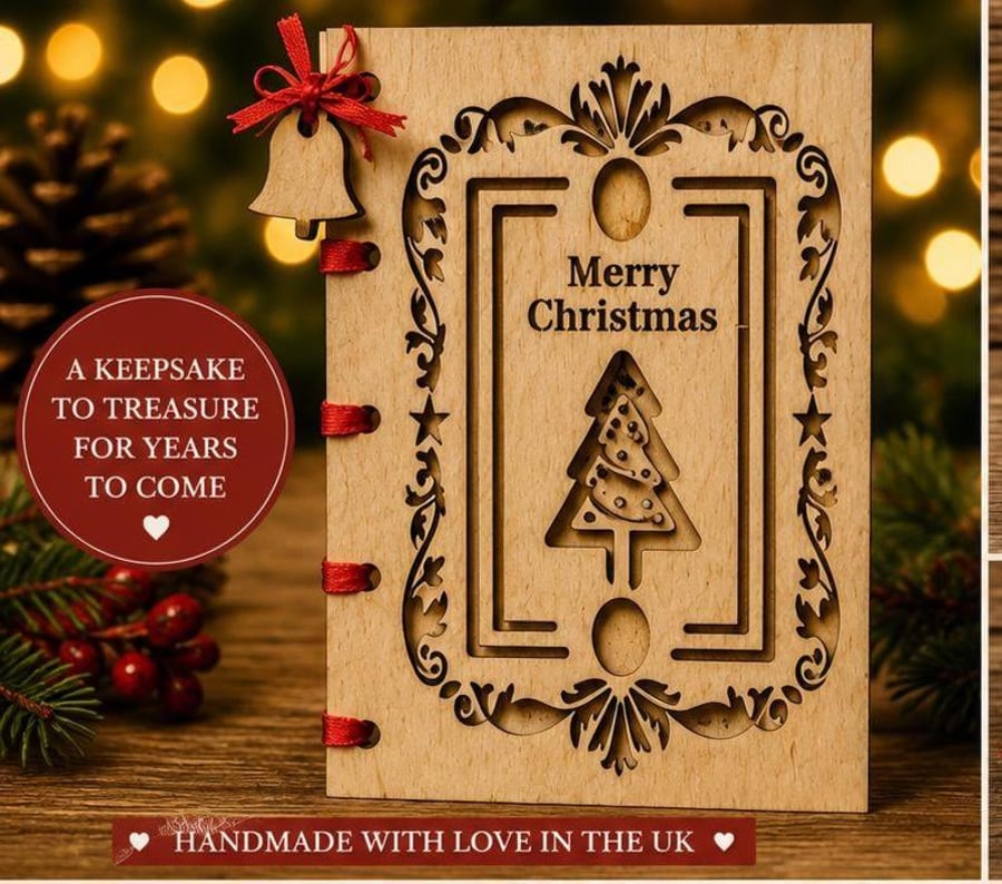 Personalised Wooden Christmas Card Engraved Birch Ply Keepsake Merry Christmas C