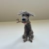 Needle felt whimsical dog fetching a stick. 9 cm tall 