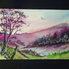 aceo SFA original miniature watercolour painting landscape purple Mountains 