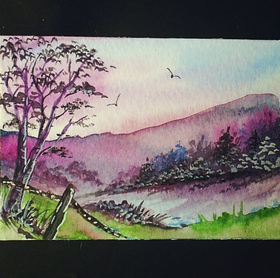 aceo SFA original miniature watercolour painting landscape purple Mountains 