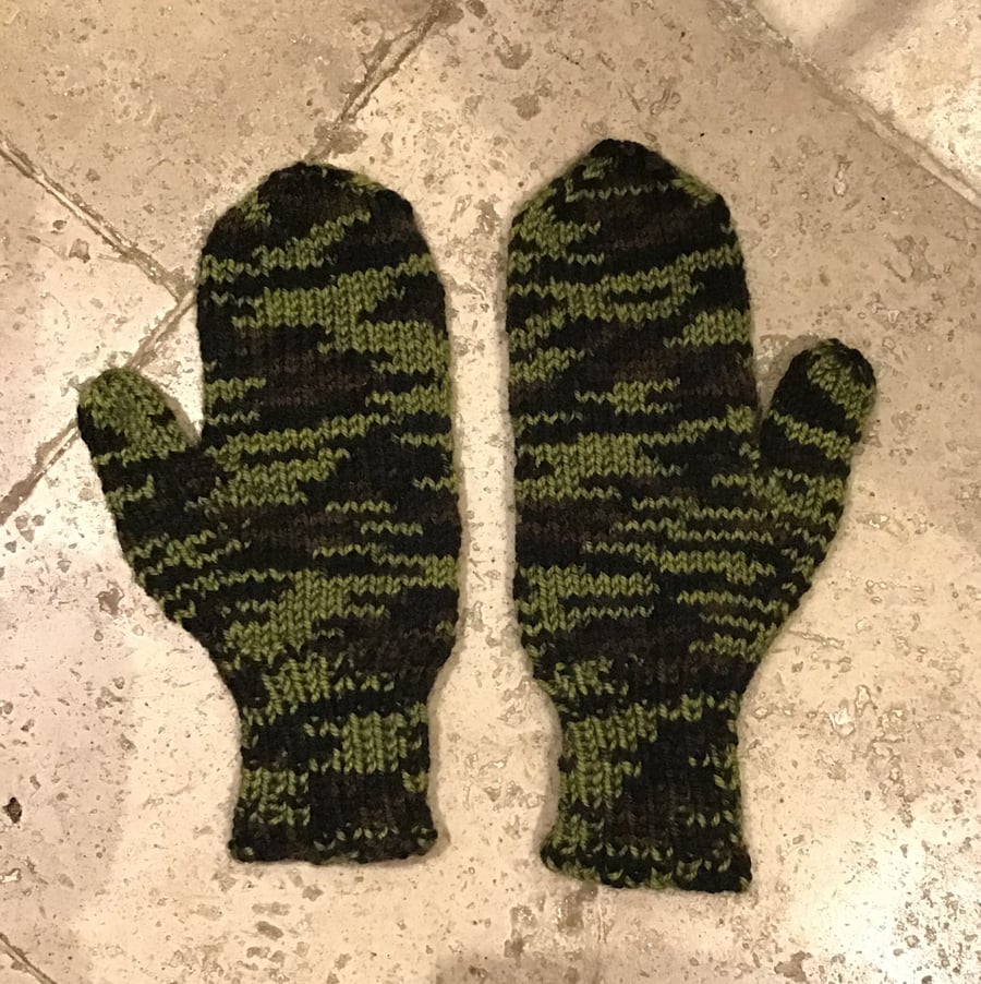 Camouflage Mittens Hand Knitted 