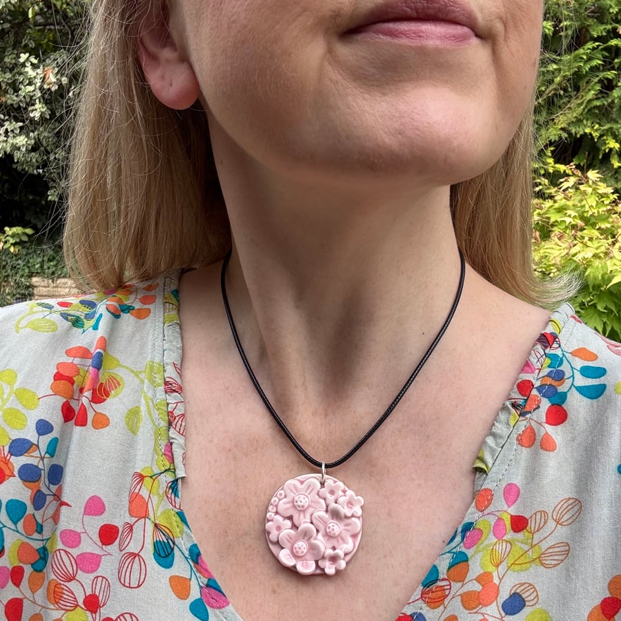Glazed porcelain flower pendant - pink