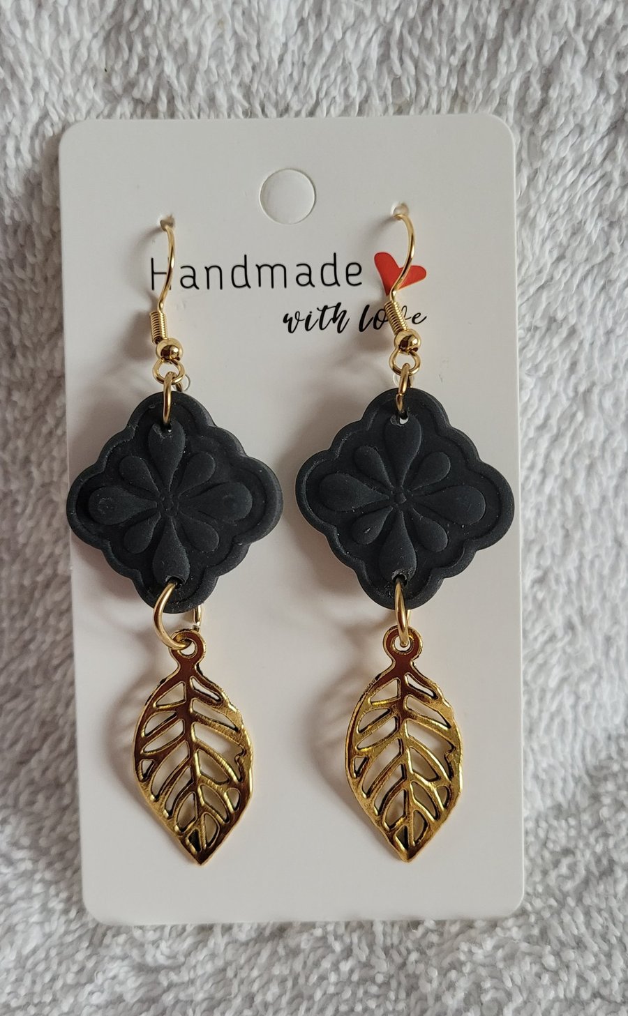Image of Blank Diamond and Gold Leaf Polymer Clay Handmade Earrings, 316 Stainless Steel