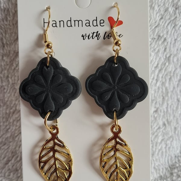 Blank Diamond and Gold Leaf Polymer Clay Handmade Earrings, 316 Stainless Steel