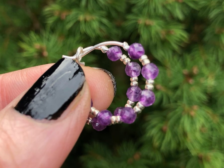 Small Amethyst & Sterling Silver Beaded Hoops LITTLE Gemstone Bead Hoop Earrings