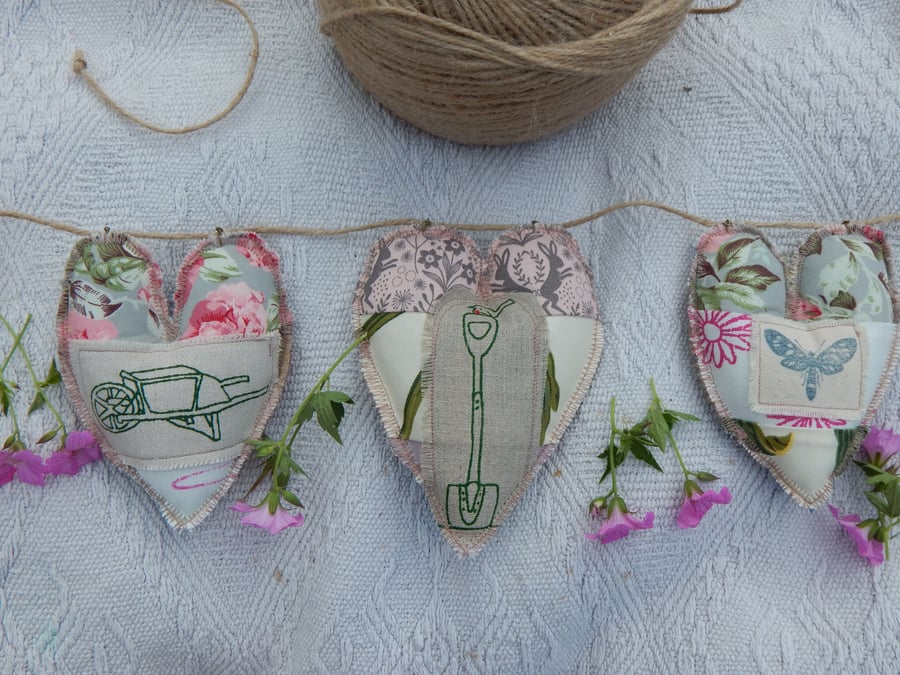 Gardening, moth and bee patchwork hearts - 55 cm  - wall hanging